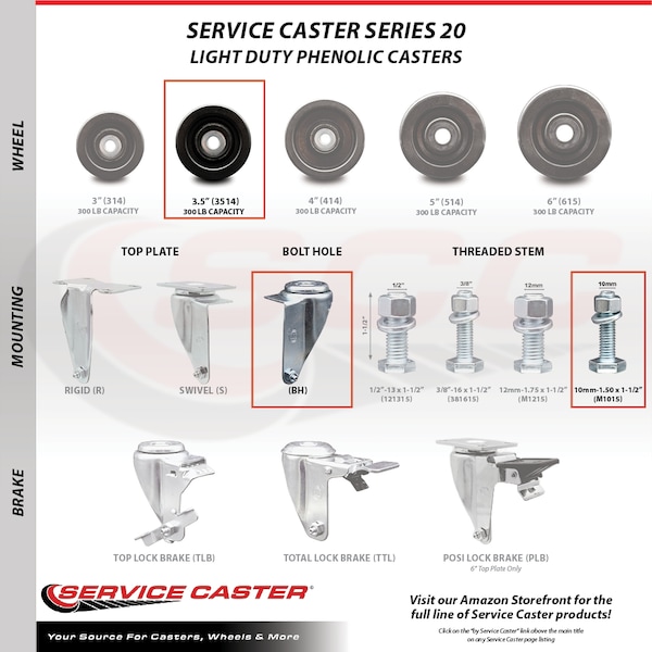Service Caster 3.5 Inch Phenolic Swivel 10mm Threaded Stem Caster Total Lock Brake, 2PK SCC-TSTTL20S3514-PHR-M1015-2-S-2 - main